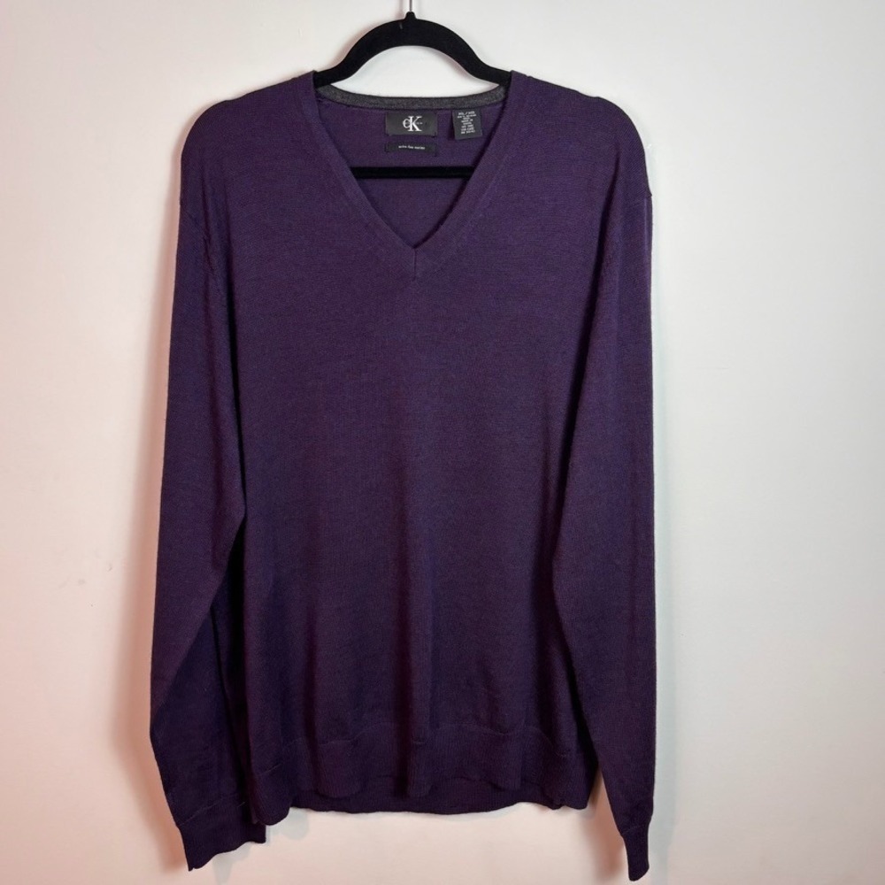 Calvin Klein Mens 100% Merino Wool Purple V-Neck Pullover sweater sz XL Classic